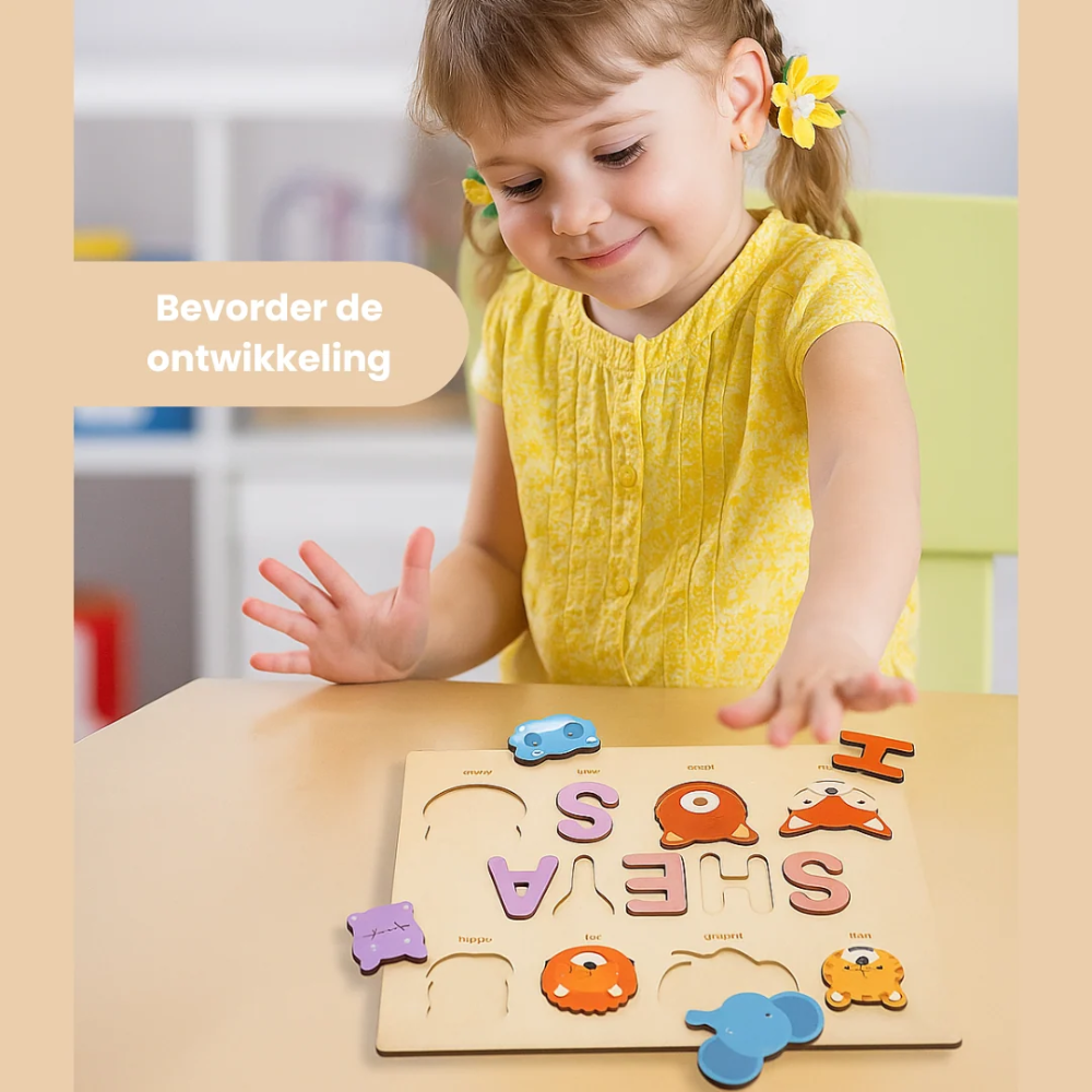 Personalized Wooden Name Puzzle for Kids – Custom Alphabet Puzzle Board with 8 Animal Pieces