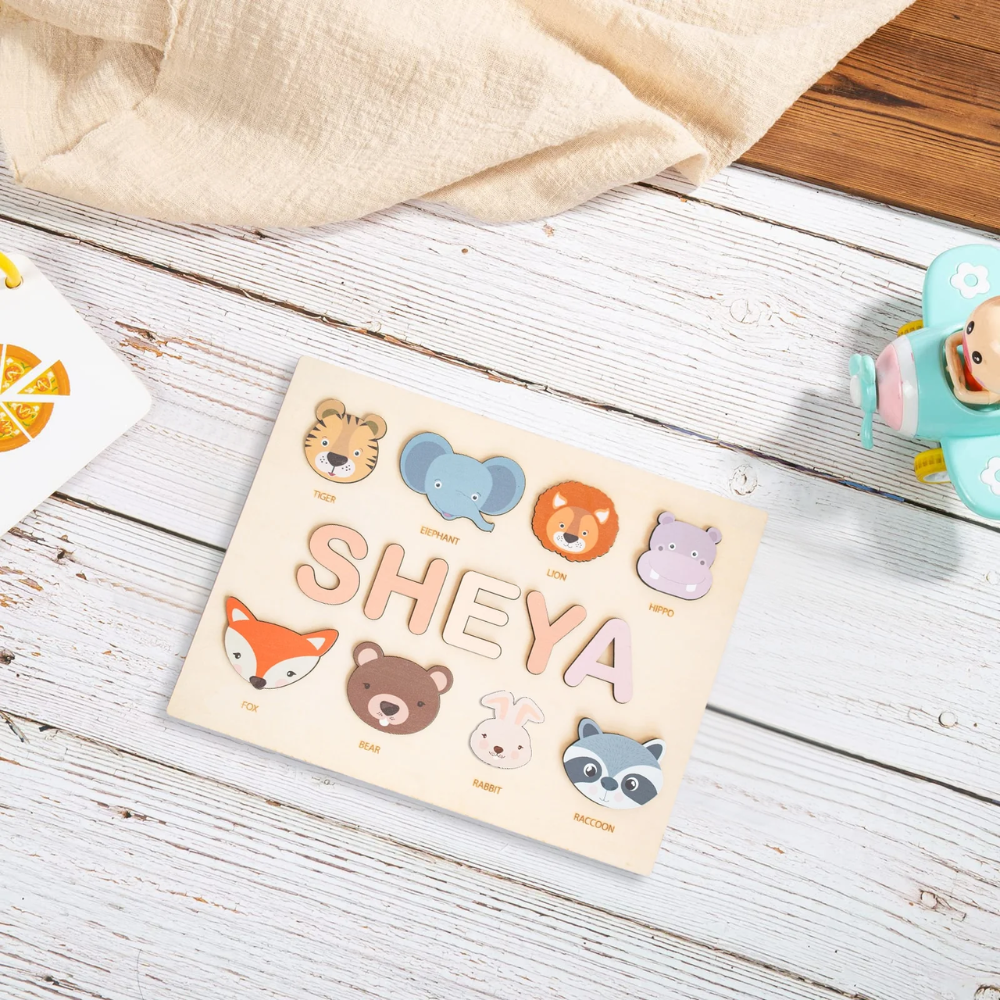Personalized Wooden Name Puzzle for Kids – Custom Alphabet Puzzle Board with 8 Animal Pieces