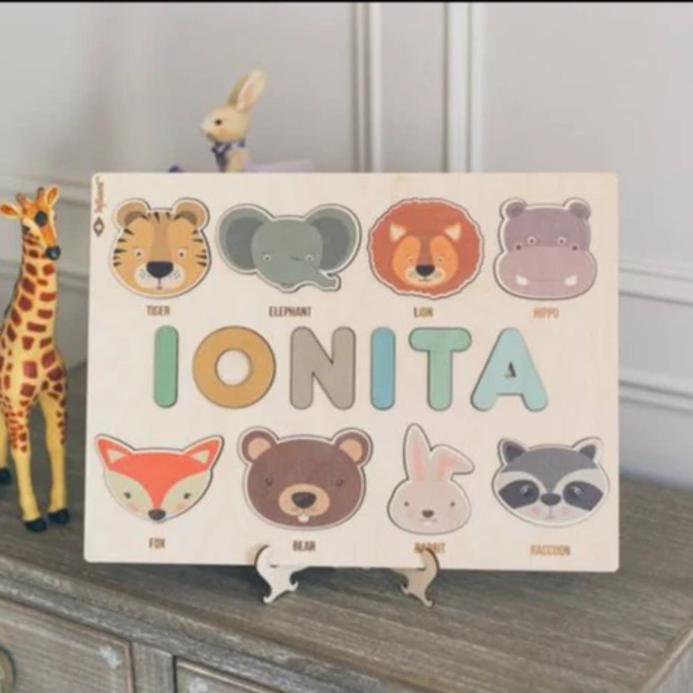 Personalized Wooden Name Puzzle for Kids – Custom Alphabet Puzzle Board with 8 Animal Pieces