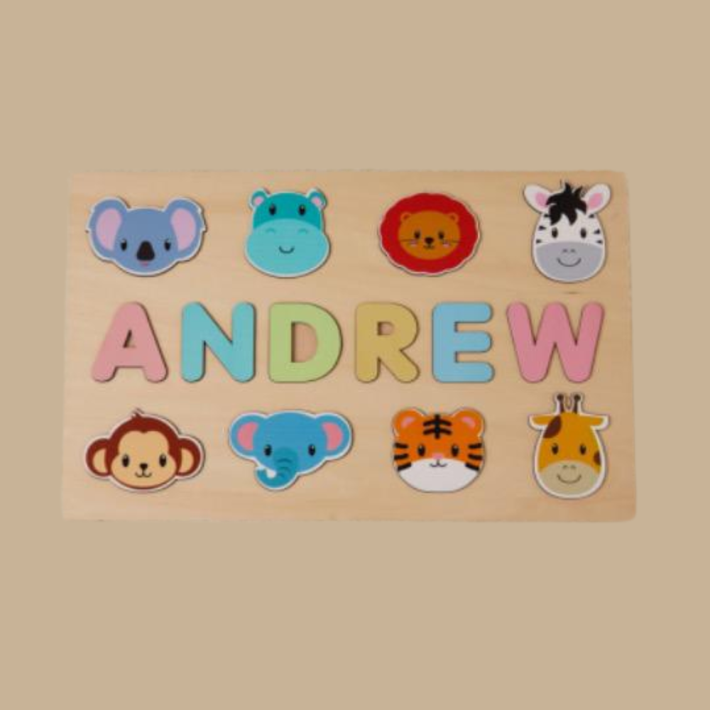 Personalized Wooden Name Puzzle for Kids – Custom Alphabet Puzzle Board with 8 Animal Pieces