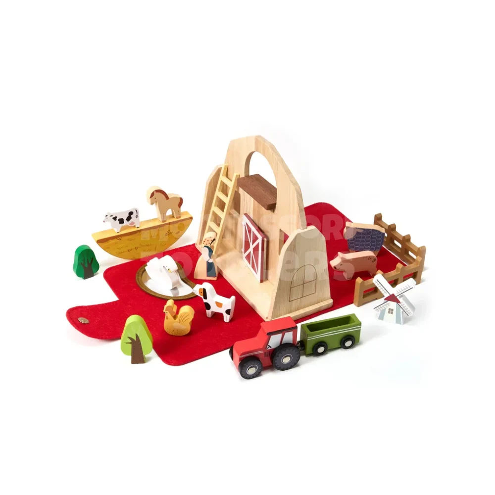 Toddler Wooden Farm Playset – 18-Piece Educational Animal and Tractor Toy with Carrying Case