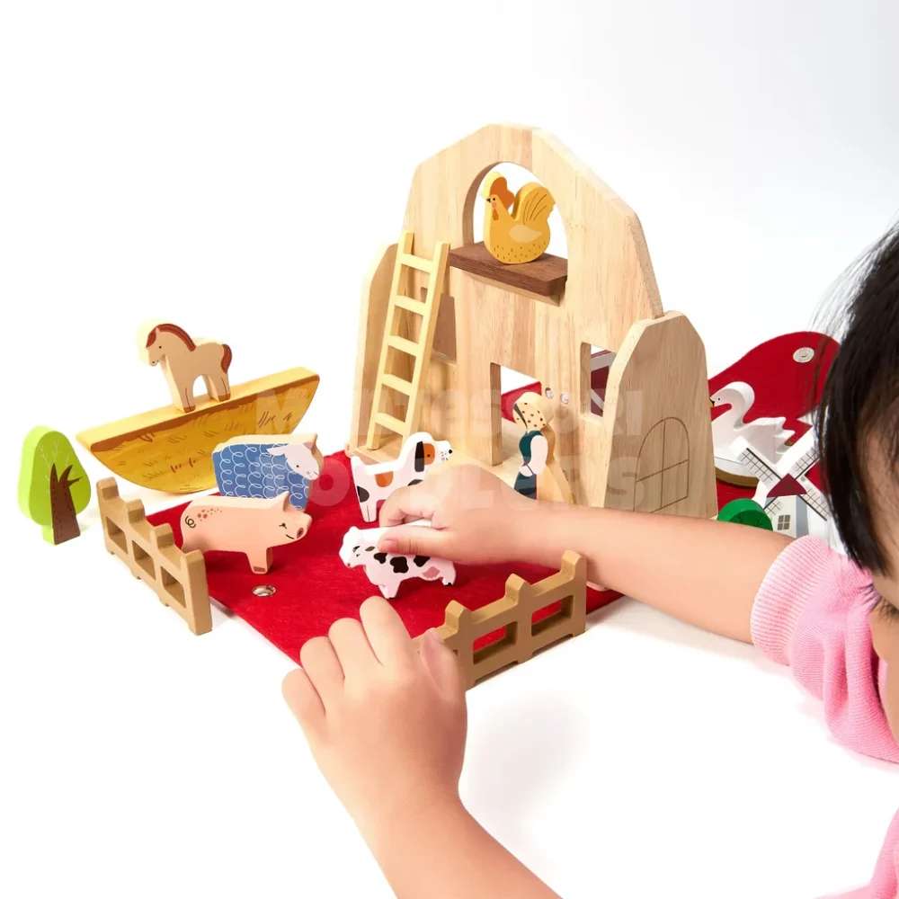Toddler Wooden Farm Playset – 18-Piece Educational Animal and Tractor Toy with Carrying Case