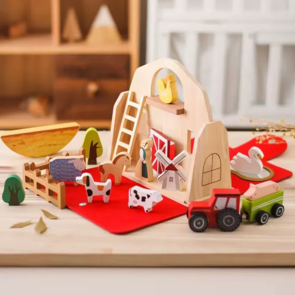 Toddler Wooden Farm Playset – 18-Piece Educational Animal and Tractor Toy with Carrying Case