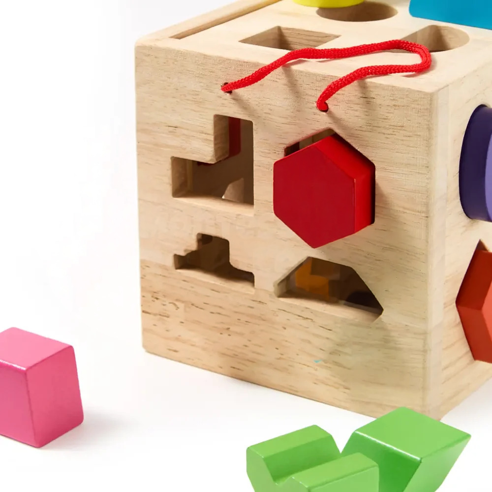 Toddler Wooden Geometric Shape Sorter – Montessori-Inspired 19-Hole Matching and Learning Toy