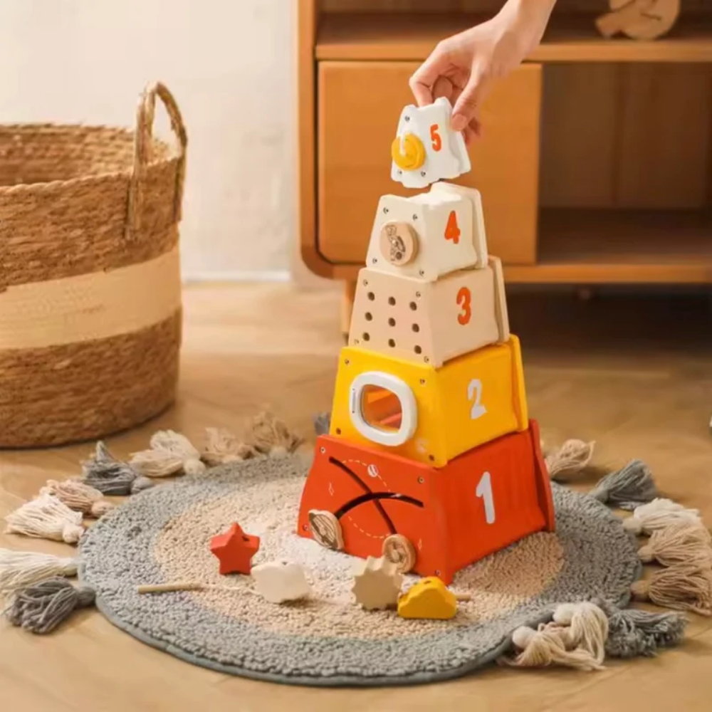 Toddler Wooden Rocket Stacking Toy – Educational Space-Themed Building Puzzle