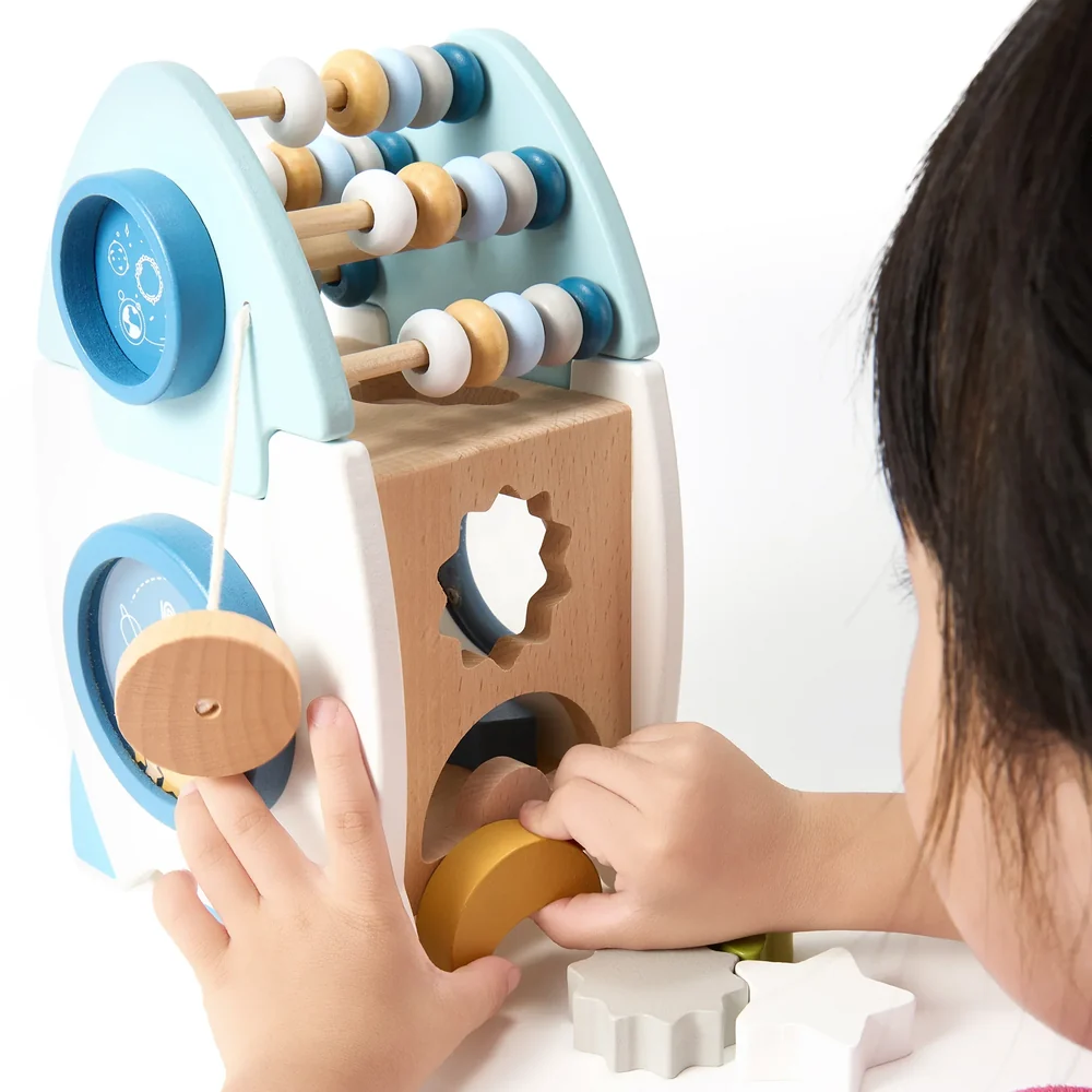 Toddler Wooden Space Explorer Set – Montessori-Inspired Rocket Activity Toy with Shape Sorter, Bead Maze