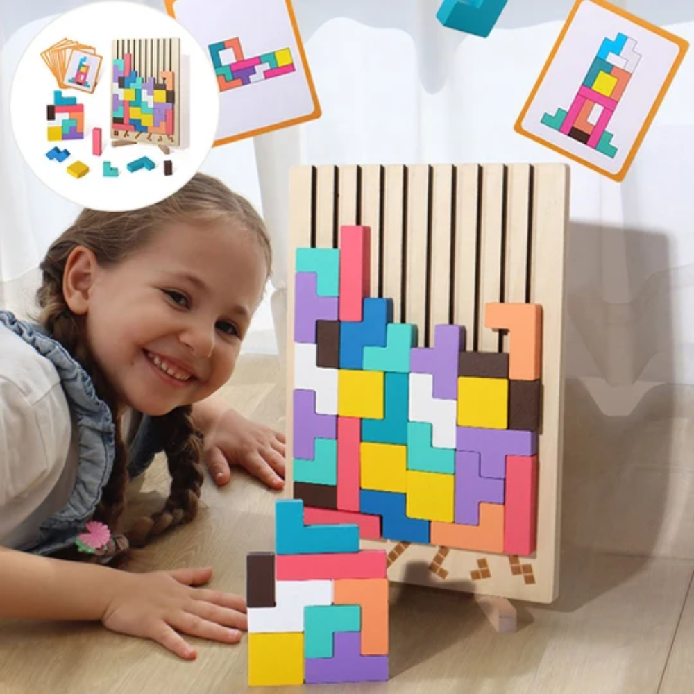 Wooden Stacking Puzzle Toy – Educational Geometric Tetris Game with 10 Challenge Cards