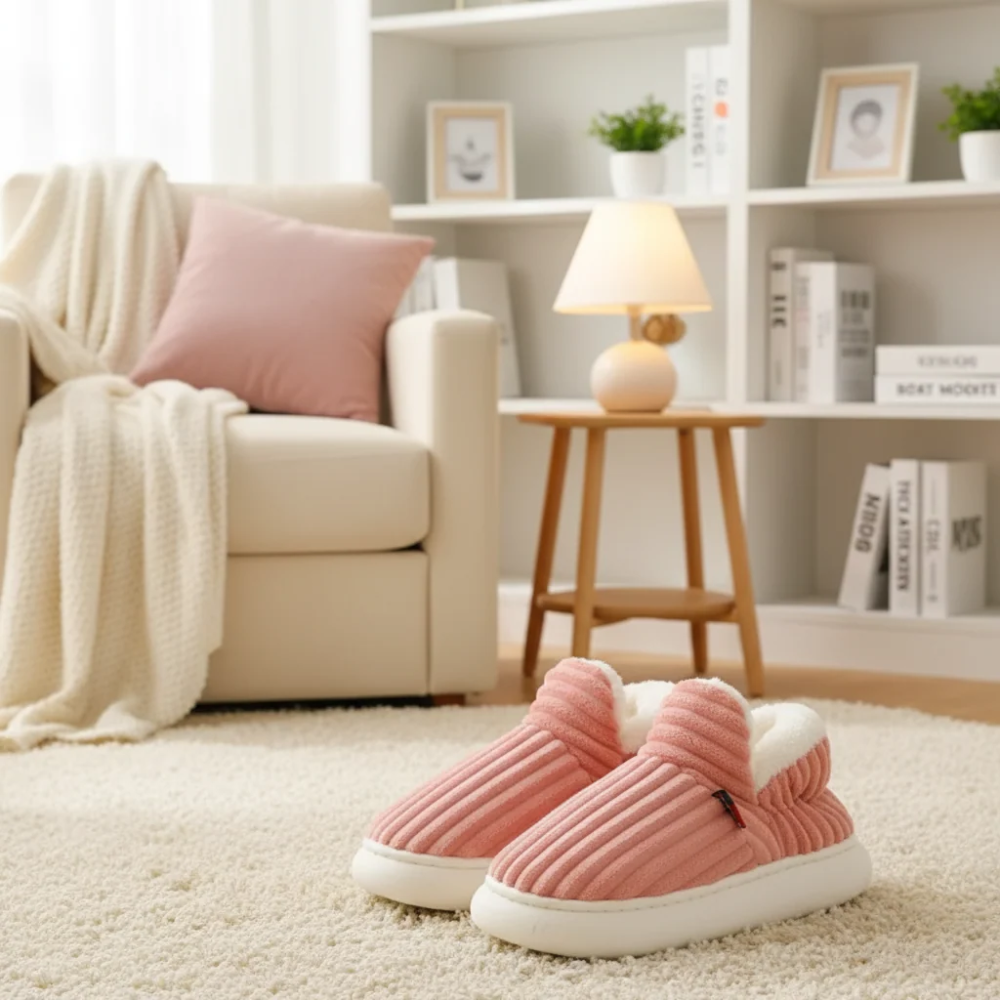 Warm Corduroy Slippers – Soft Plush Lined Indoor Shoes with Anti-Slip Soles