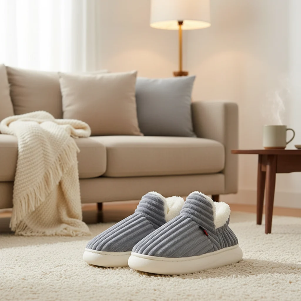 Warm Corduroy Slippers – Soft Plush Lined Indoor Shoes with Anti-Slip Soles