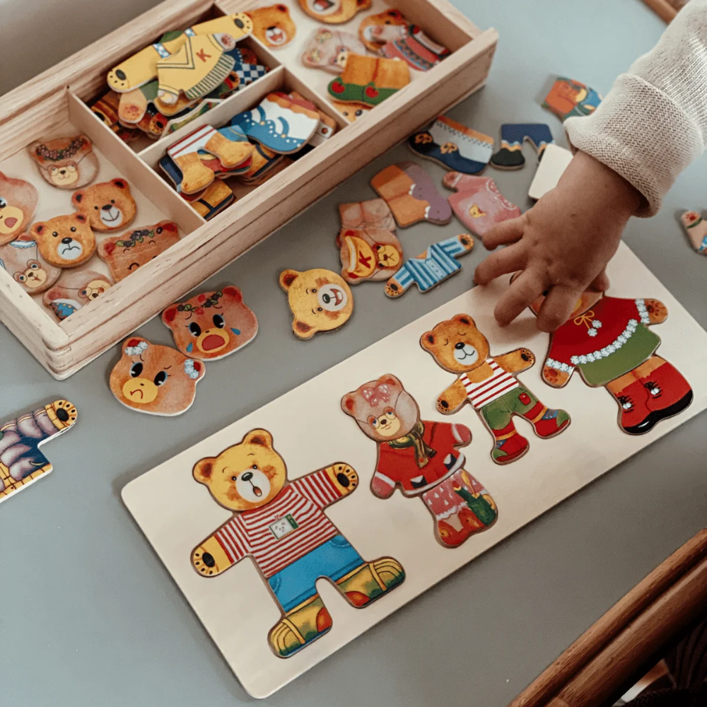 Wooden Bear Dress Up Puzzle – Mix and Match Outfit Puzzle Set with Storage Box for Kids
