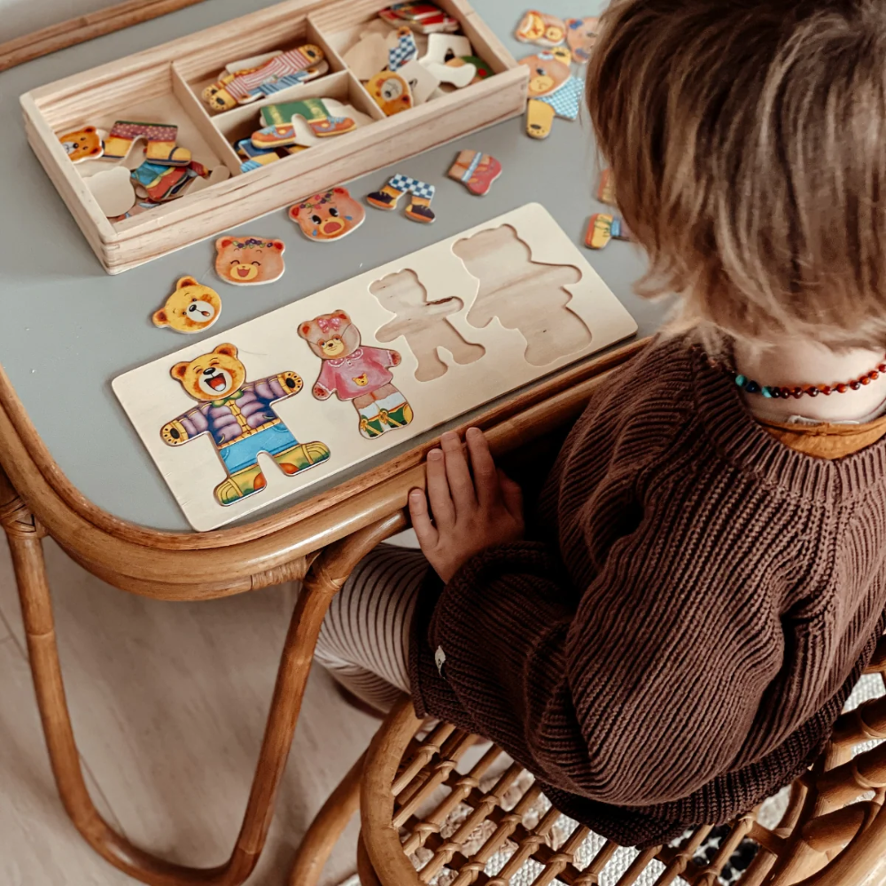 Wooden Bear Dress Up Puzzle – Mix and Match Outfit Puzzle Set with Storage Box for Kids