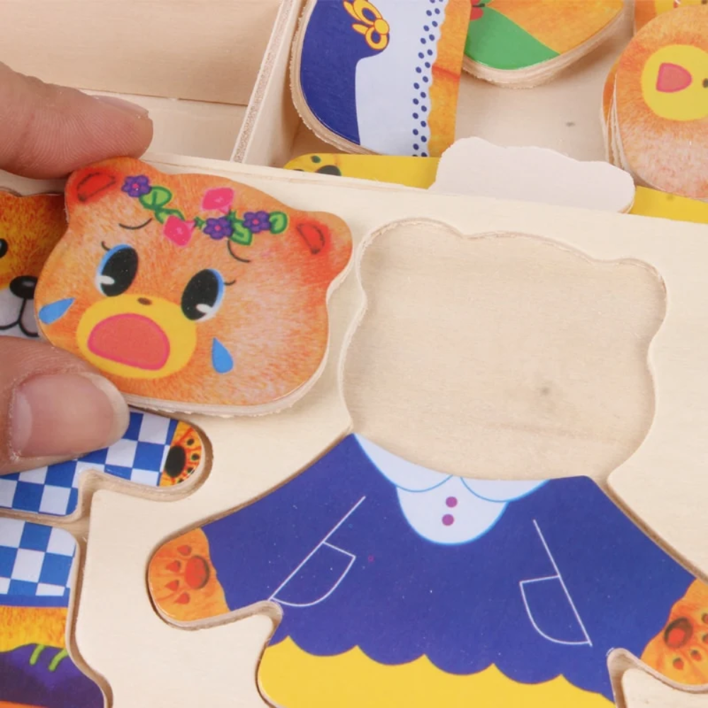Wooden Bear Dress Up Puzzle – Mix and Match Outfit Puzzle Set with Storage Box for Kids