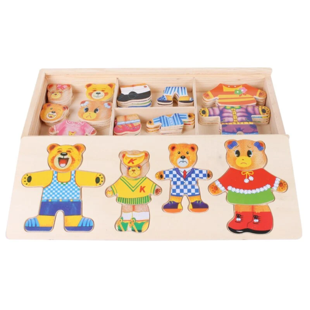 Wooden Bear Dress Up Puzzle – Mix and Match Outfit Puzzle Set with Storage Box for Kids