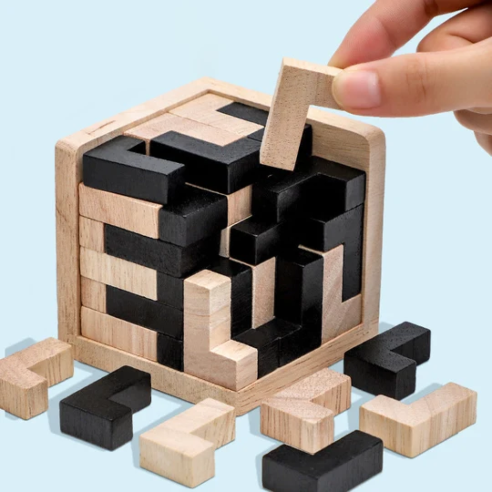 Wooden Brain Teaser Puzzle – Educational Shape Building and Logic Game
