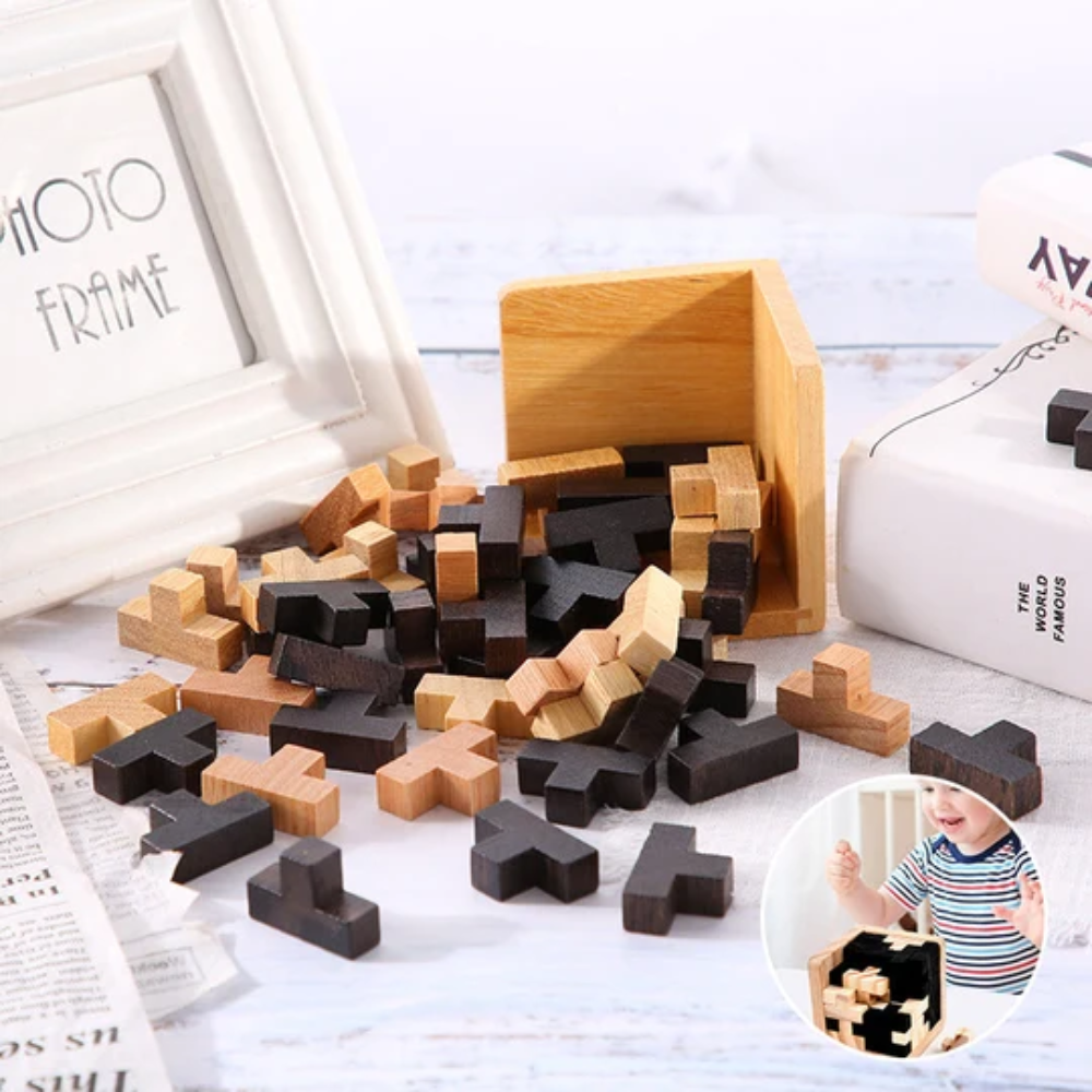 Wooden Brain Teaser Puzzle – Educational Shape Building and Logic Game