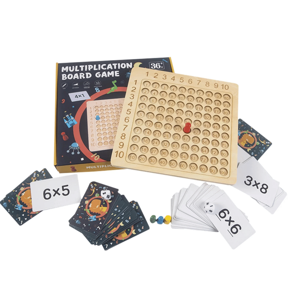 Wooden Multiplication Board Game – Educational Math Learning Toy with Flashcards & Dice