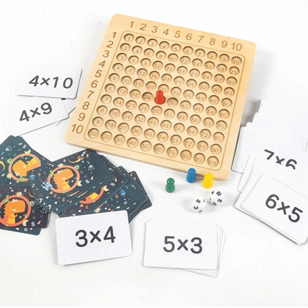 Wooden Multiplication Board Game – Educational Math Learning Toy with Flashcards & Dice