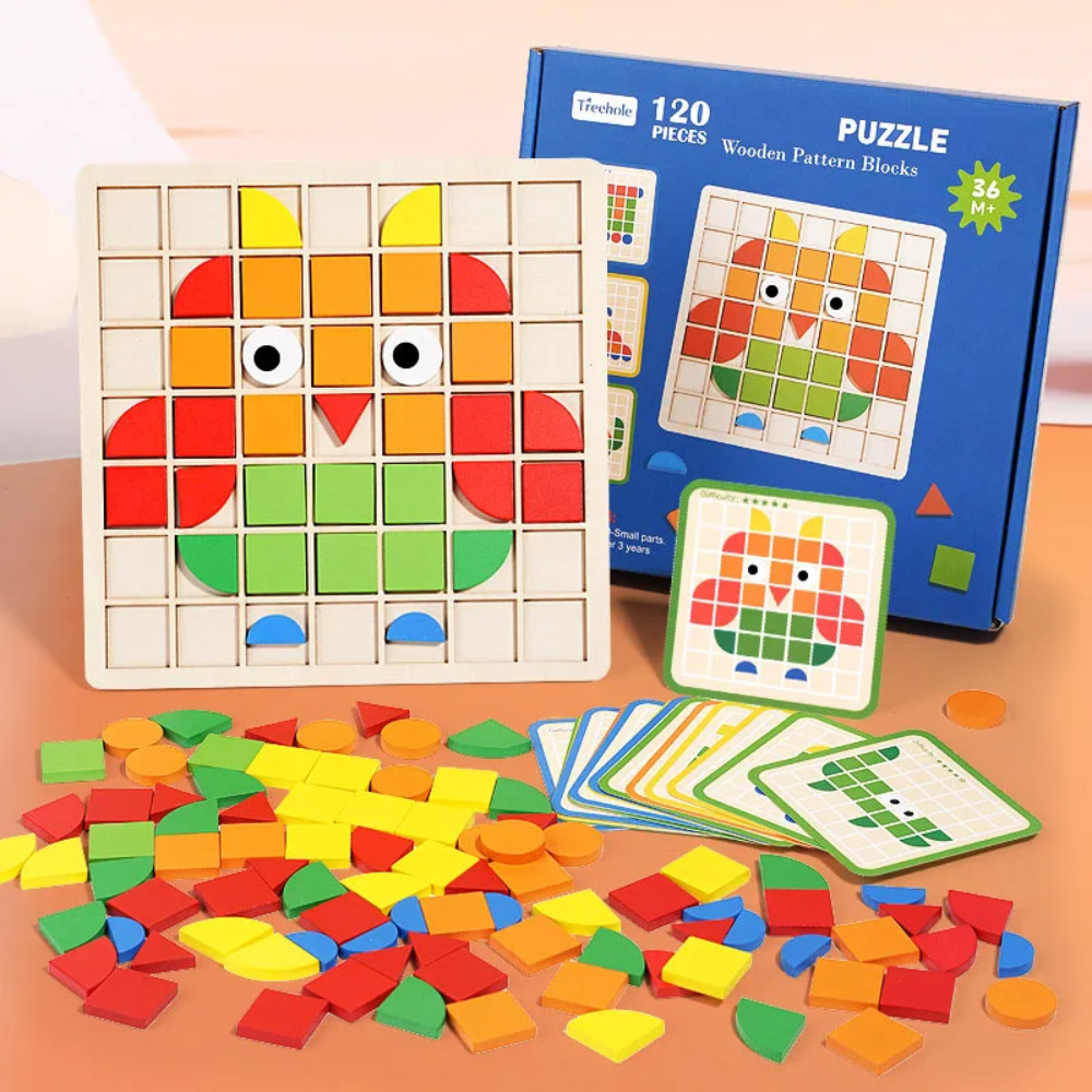 Wooden Pattern Puzzle – 120-Piece Montessori Matching & Logic Game for Kids