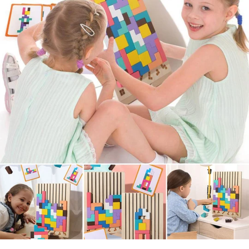 Wooden Stacking Puzzle Toy – Educational Geometric Tetris Game with 10 Challenge Cards