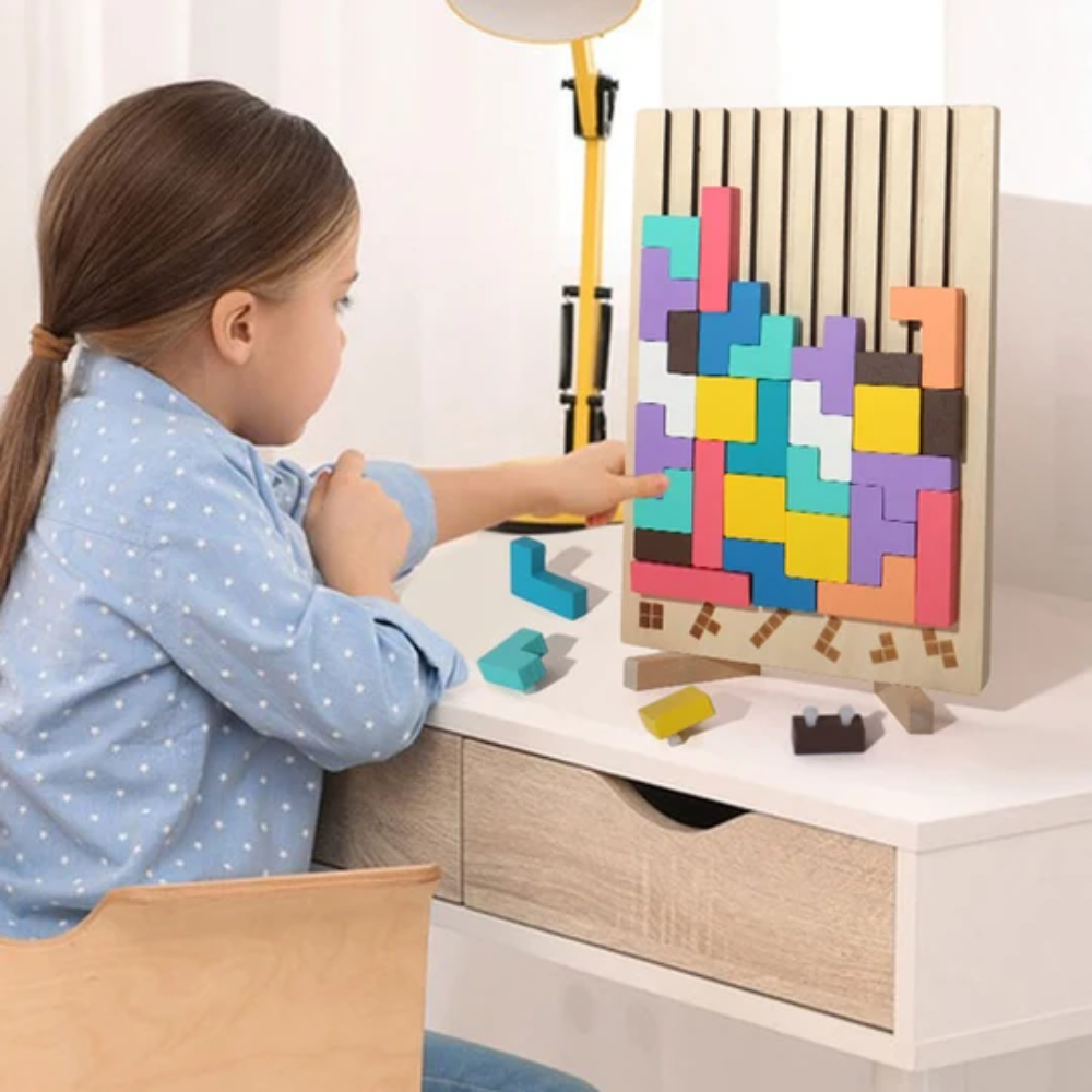 Wooden Stacking Puzzle Toy – Educational Geometric Tetris Game with 10 Challenge Cards