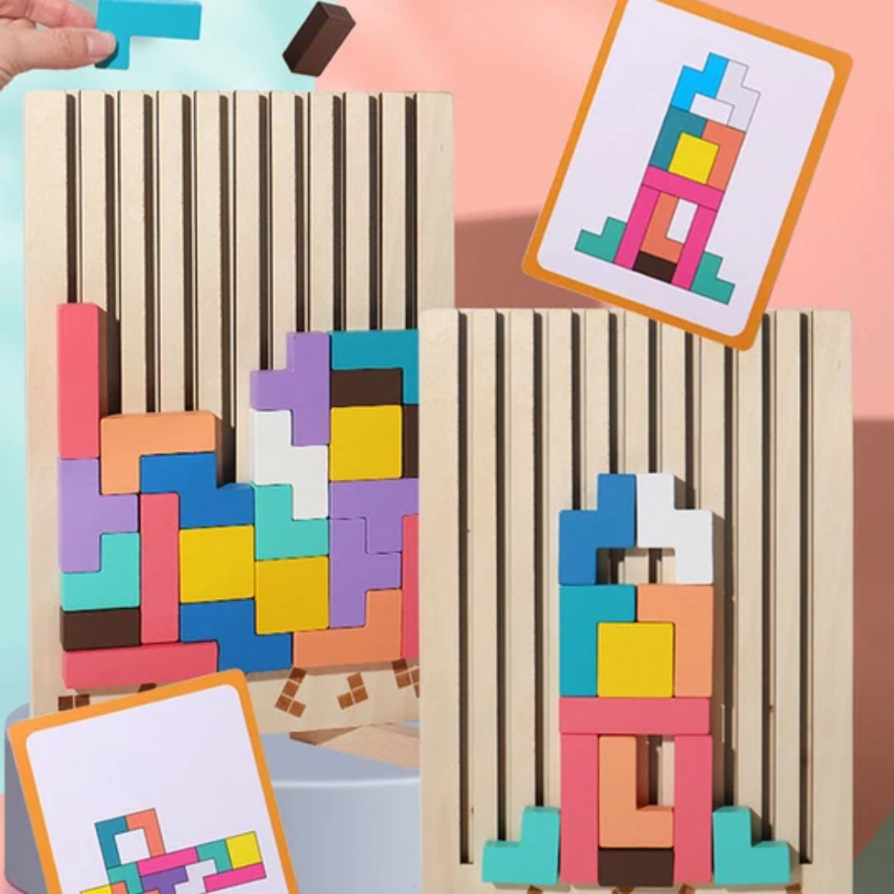 Wooden Stacking Puzzle Toy – Educational Geometric Tetris Game with 10 Challenge Cards