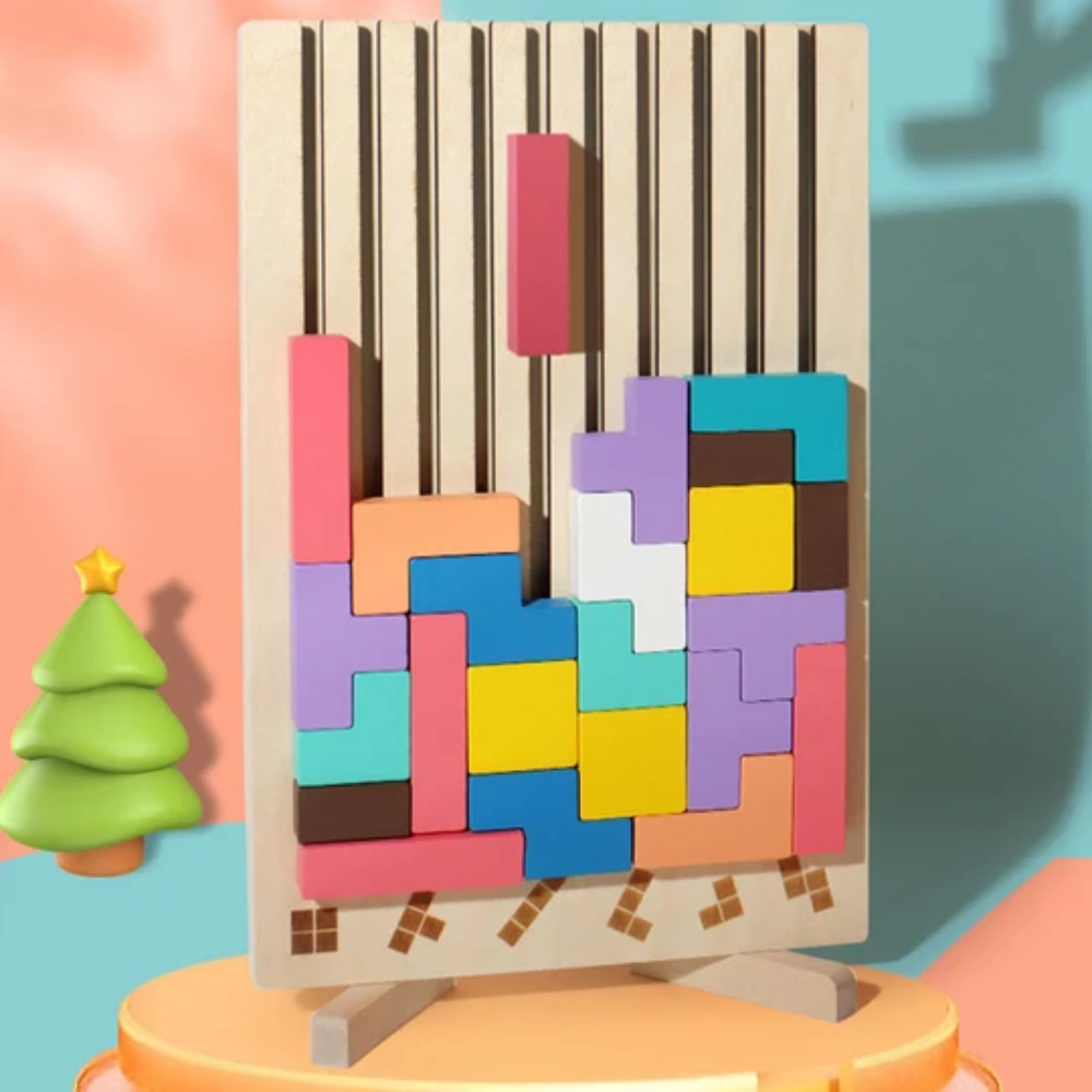 Wooden Stacking Puzzle Toy – Educational Geometric Tetris Game with 10 Challenge Cards