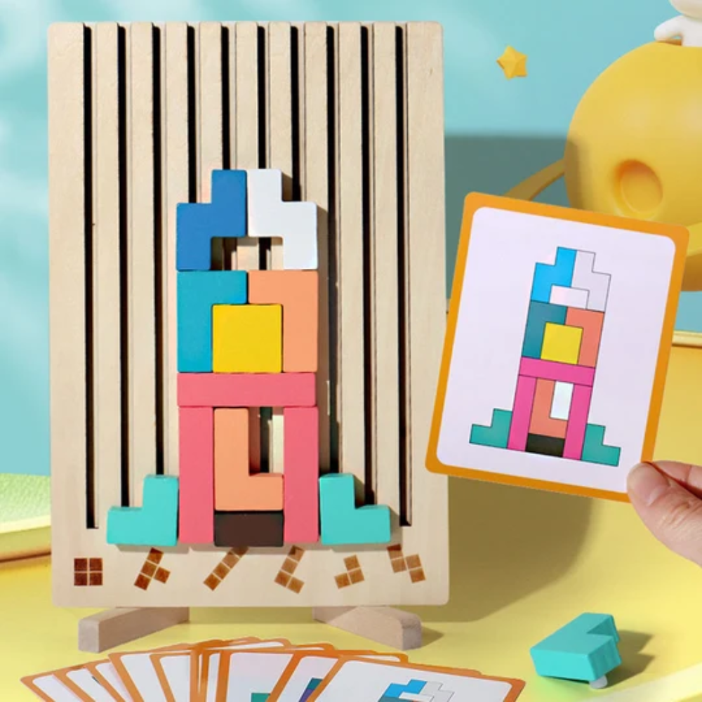 Wooden Stacking Puzzle Toy – Educational Geometric Tetris Game with 10 Challenge Cards