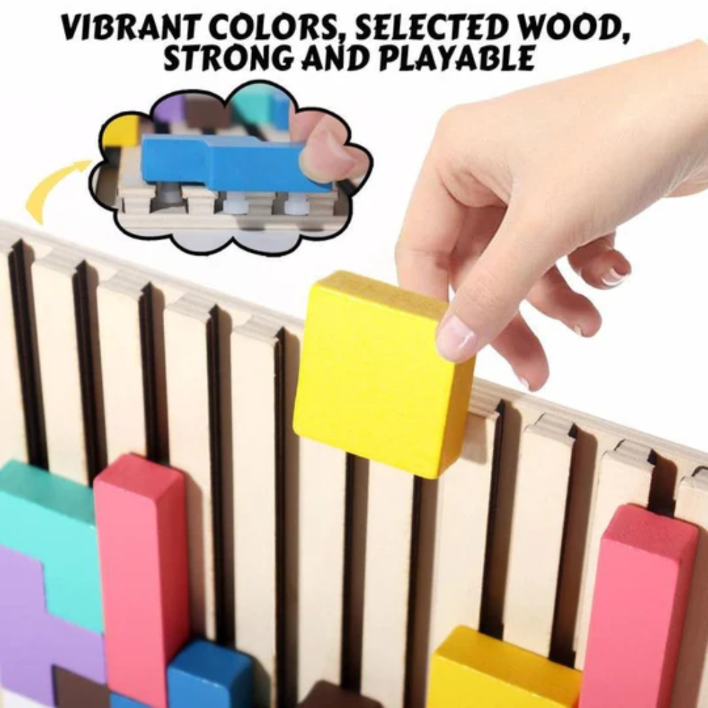 Wooden Stacking Puzzle Toy – Educational Geometric Tetris Game with 10 Challenge Cards