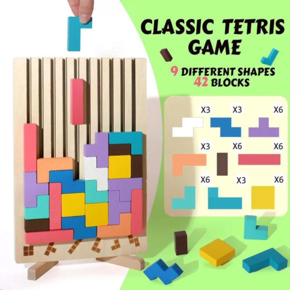 Wooden Stacking Puzzle Toy – Educational Geometric Tetris Game with 10 Challenge Cards