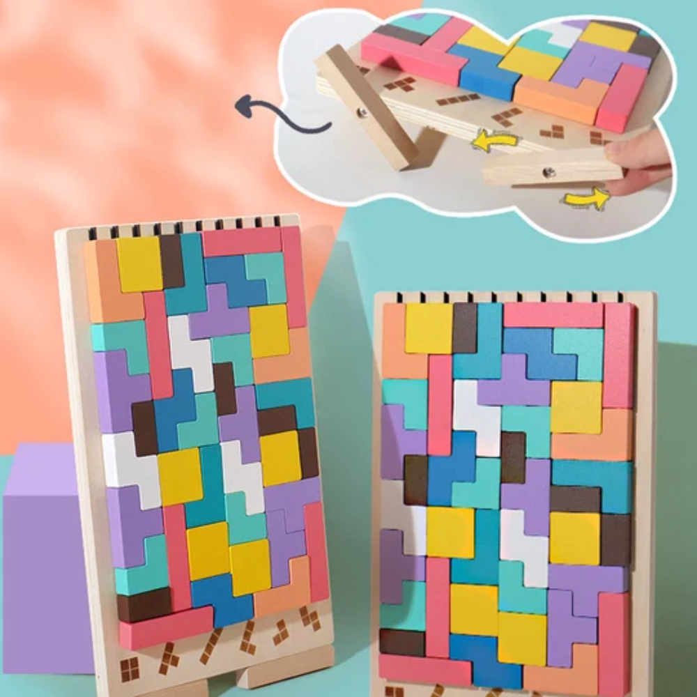 Wooden Stacking Puzzle Toy – Educational Geometric Tetris Game with 10 Challenge Cards