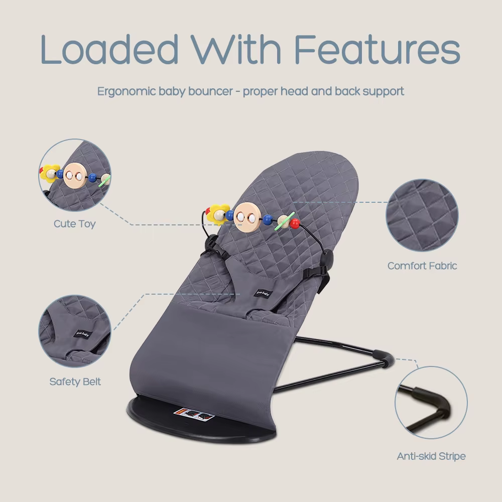 Ergonomic baby bouncer with features highlighted on a light gray background