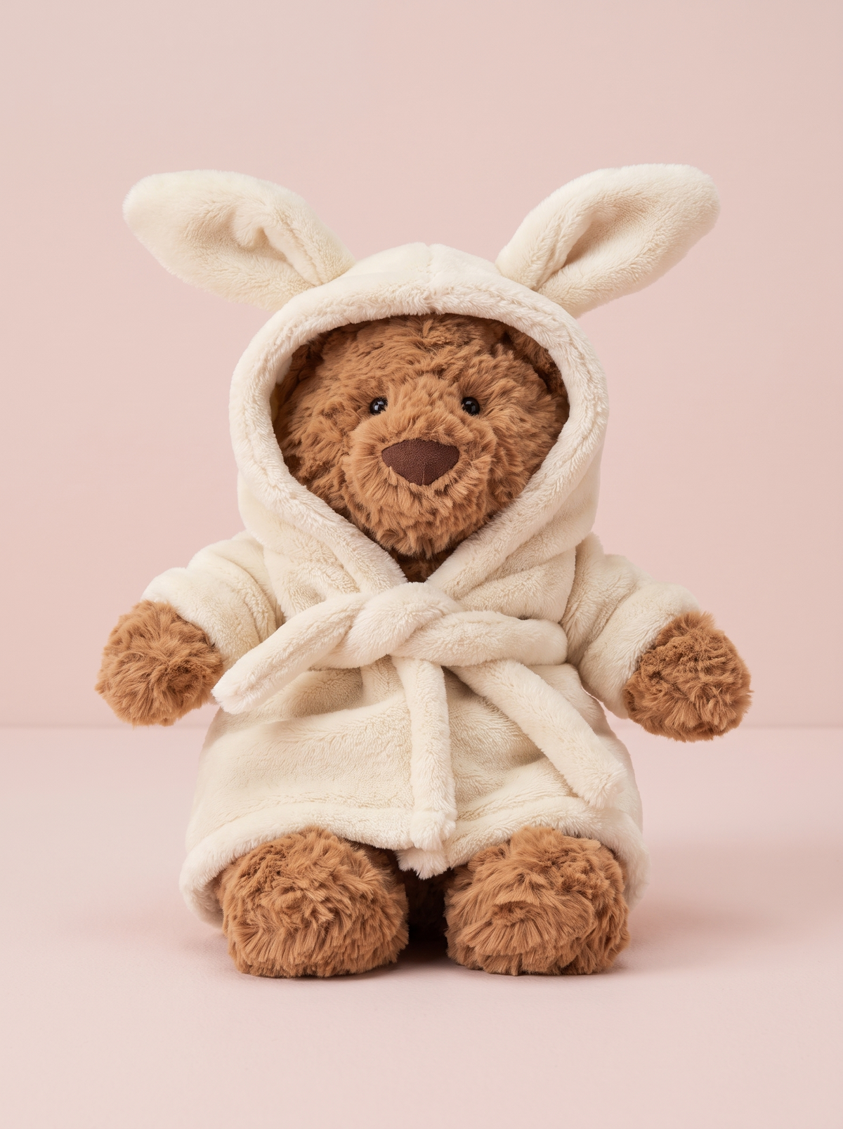 Bathrobe Teddy Bear Plush Toy front view on a pink studio background