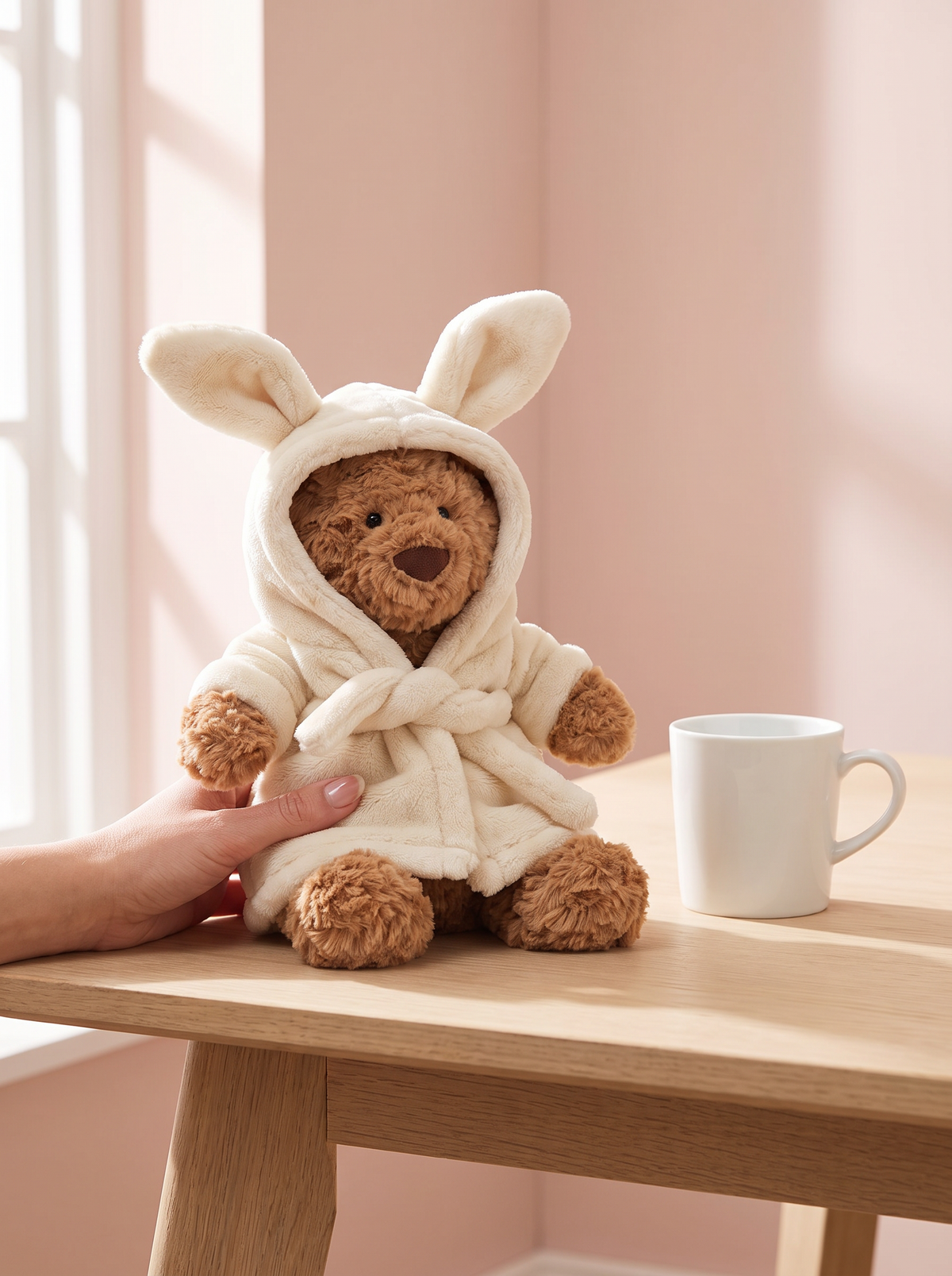 Bathrobe Teddy Bear Plush Toy styled in a home setting