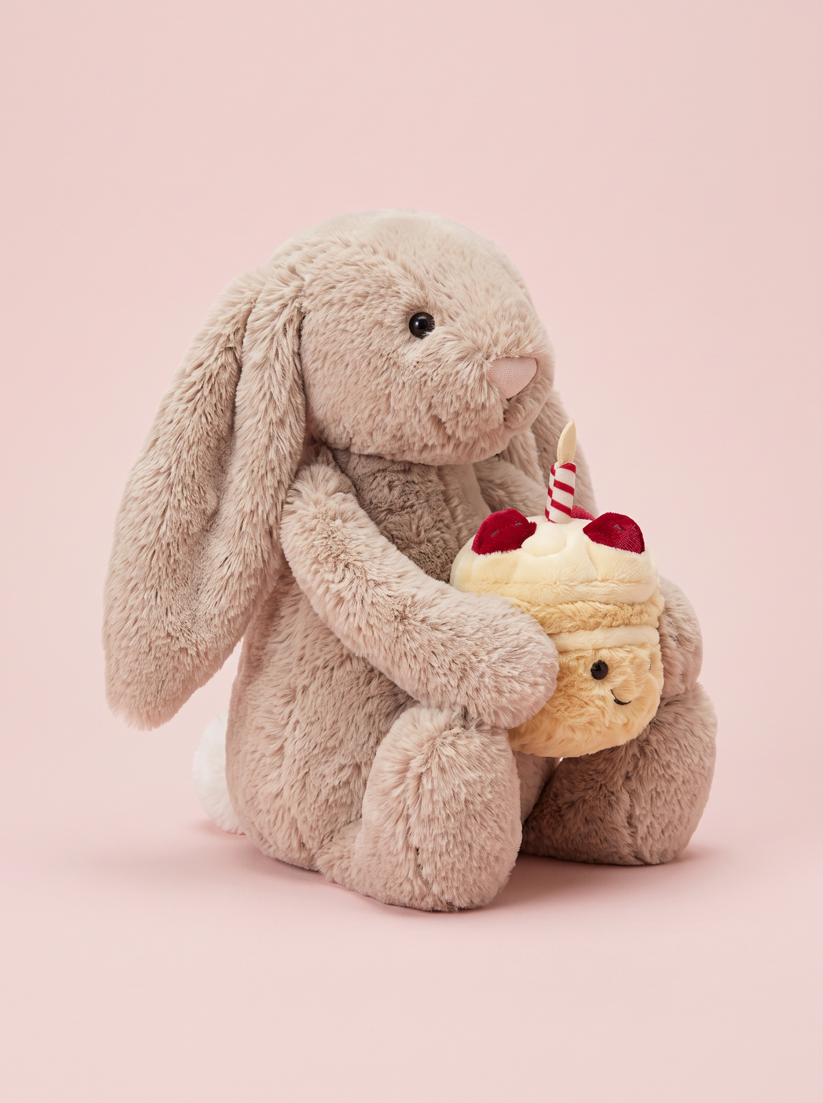 Birthday Cake Bunny Plush Toy angled studio view