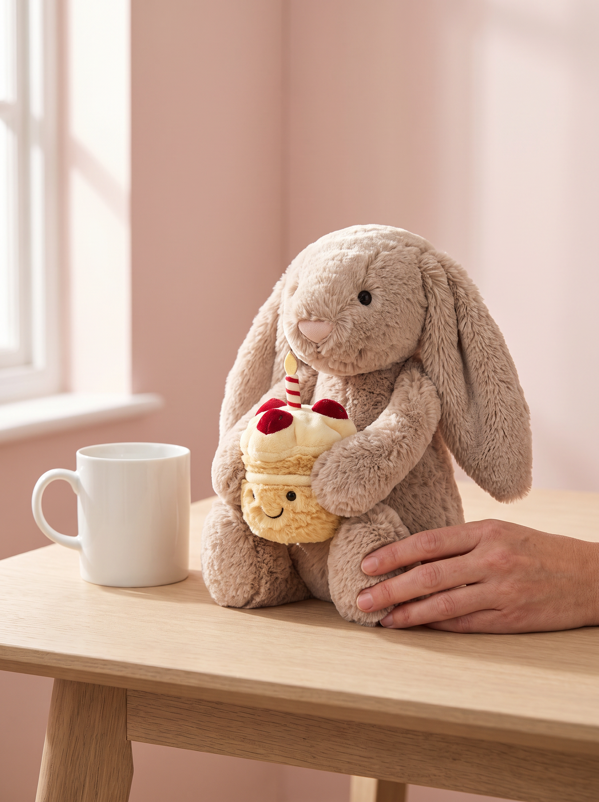 Birthday Cake Bunny Plush Toy styled in a home setting