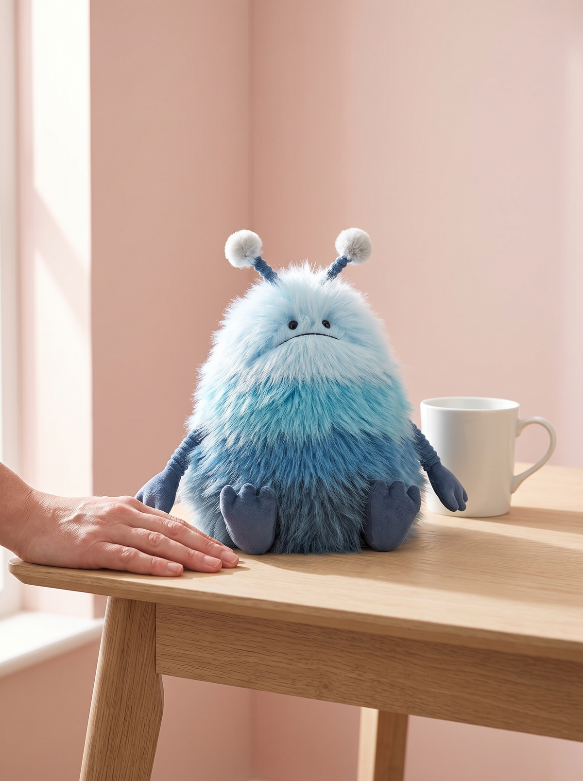 Blue Alien Plush Toy styled in a home setting