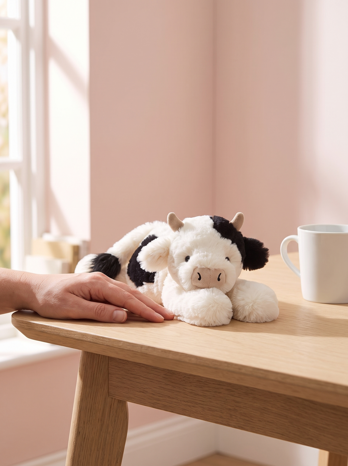 Cow Plush Toy styled in a home setting