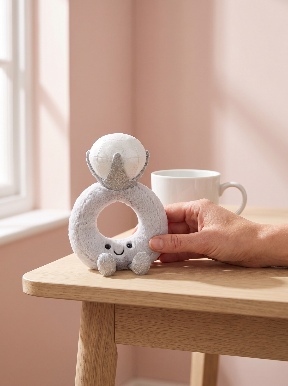Diamond Ring Plush Toy styled in a home setting