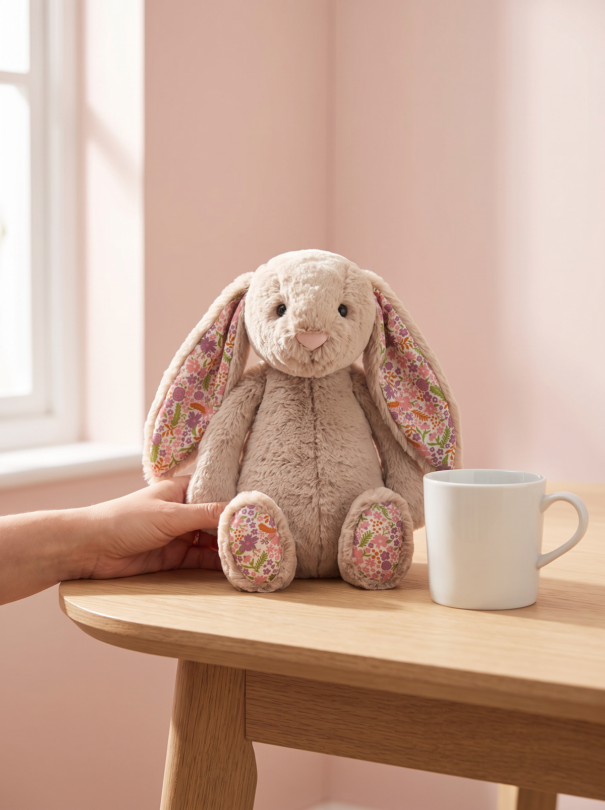 Floral Ear Bunny Plush Toy styled in a home setting