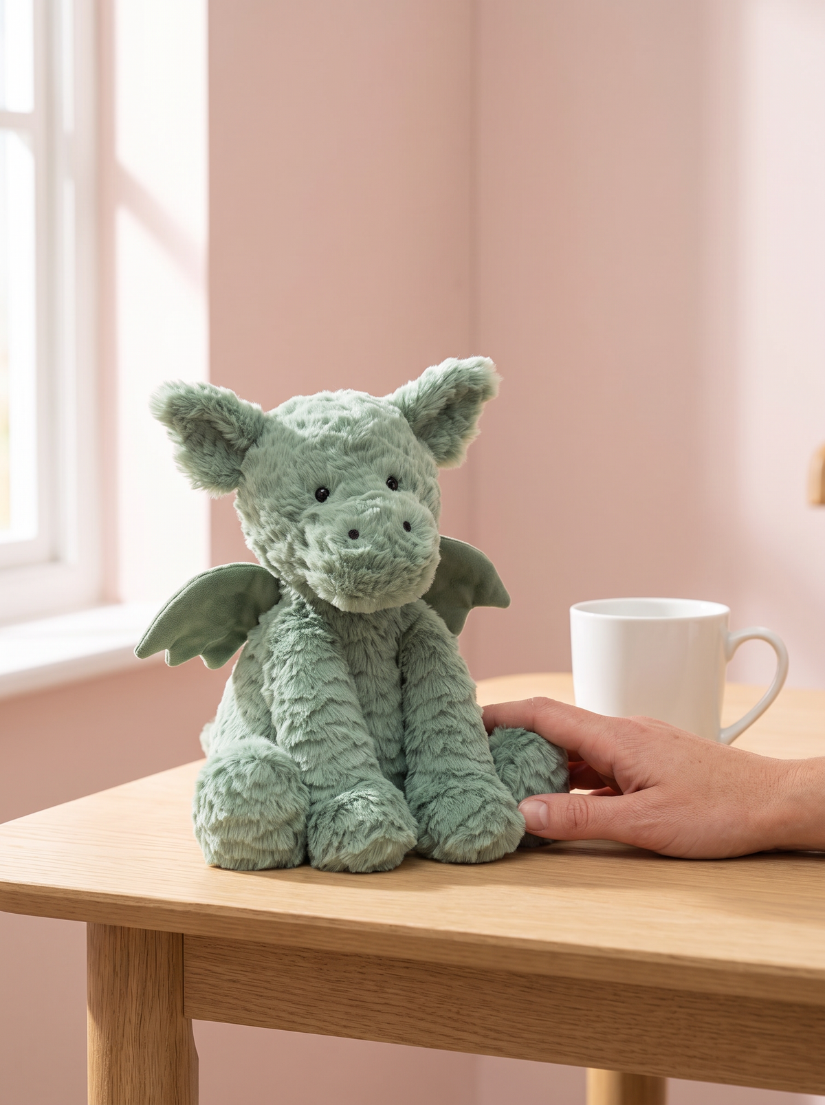 Fluffy Green Dragon Plush Toy styled in a home setting