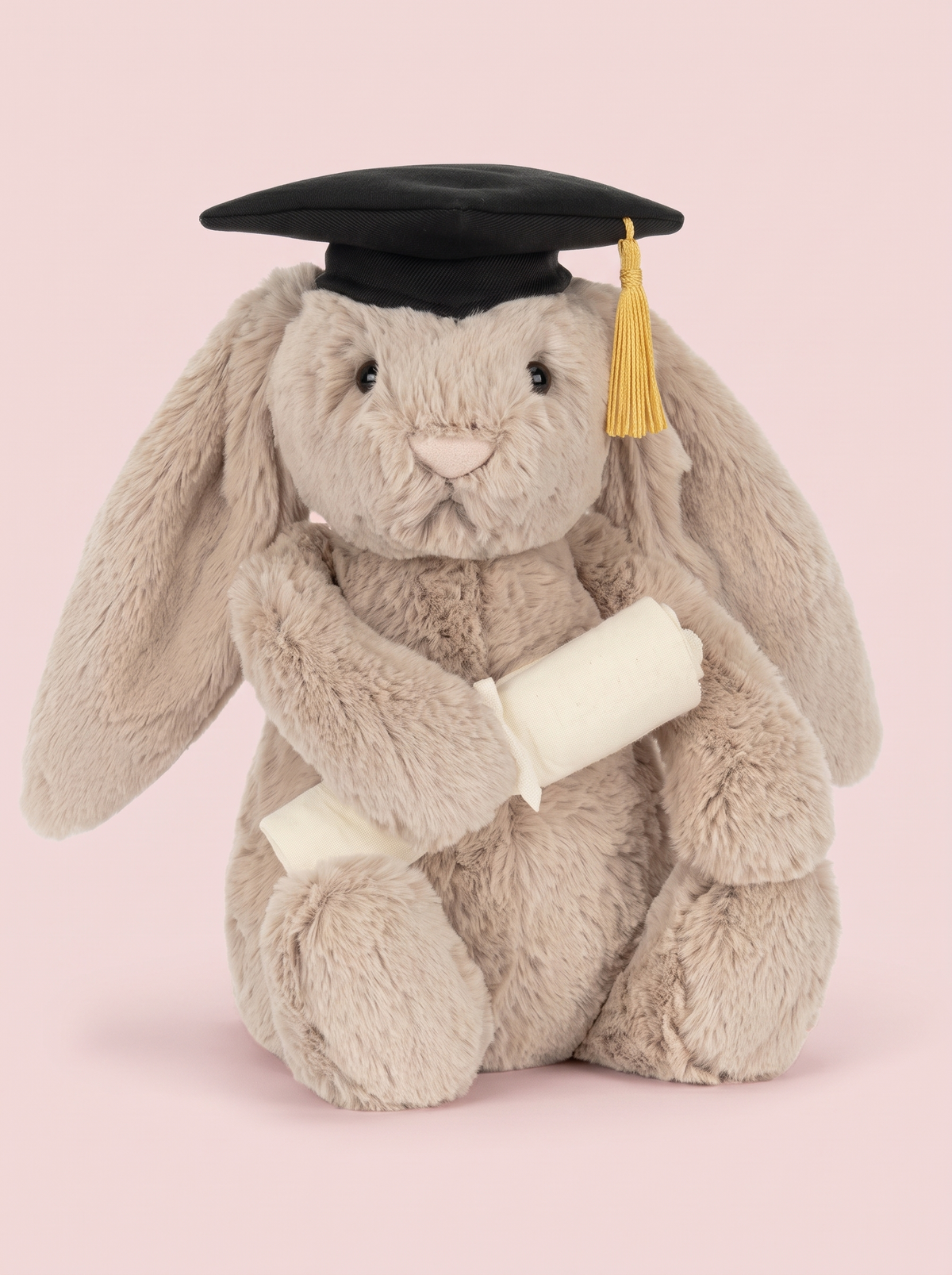 Graduation Bunny Plush Toy front view on a pink studio background