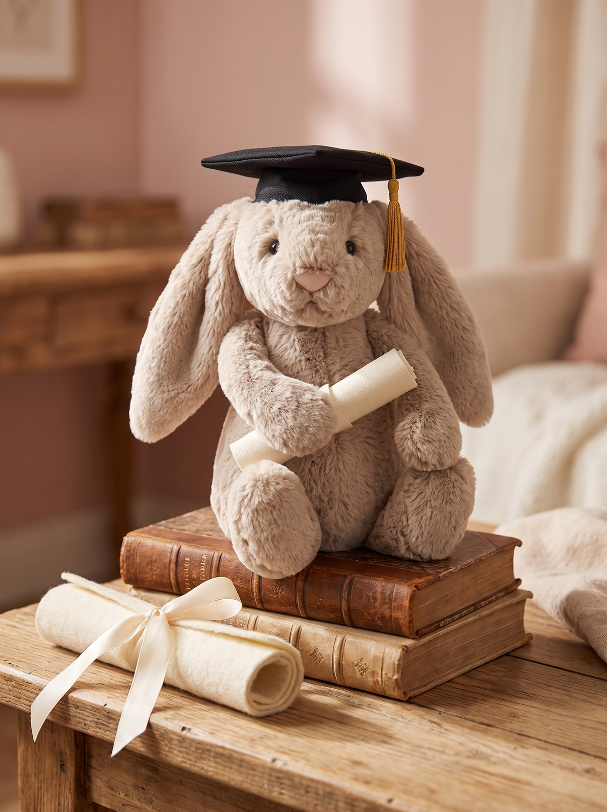 Graduation Bunny Plush Toy styled in a home setting