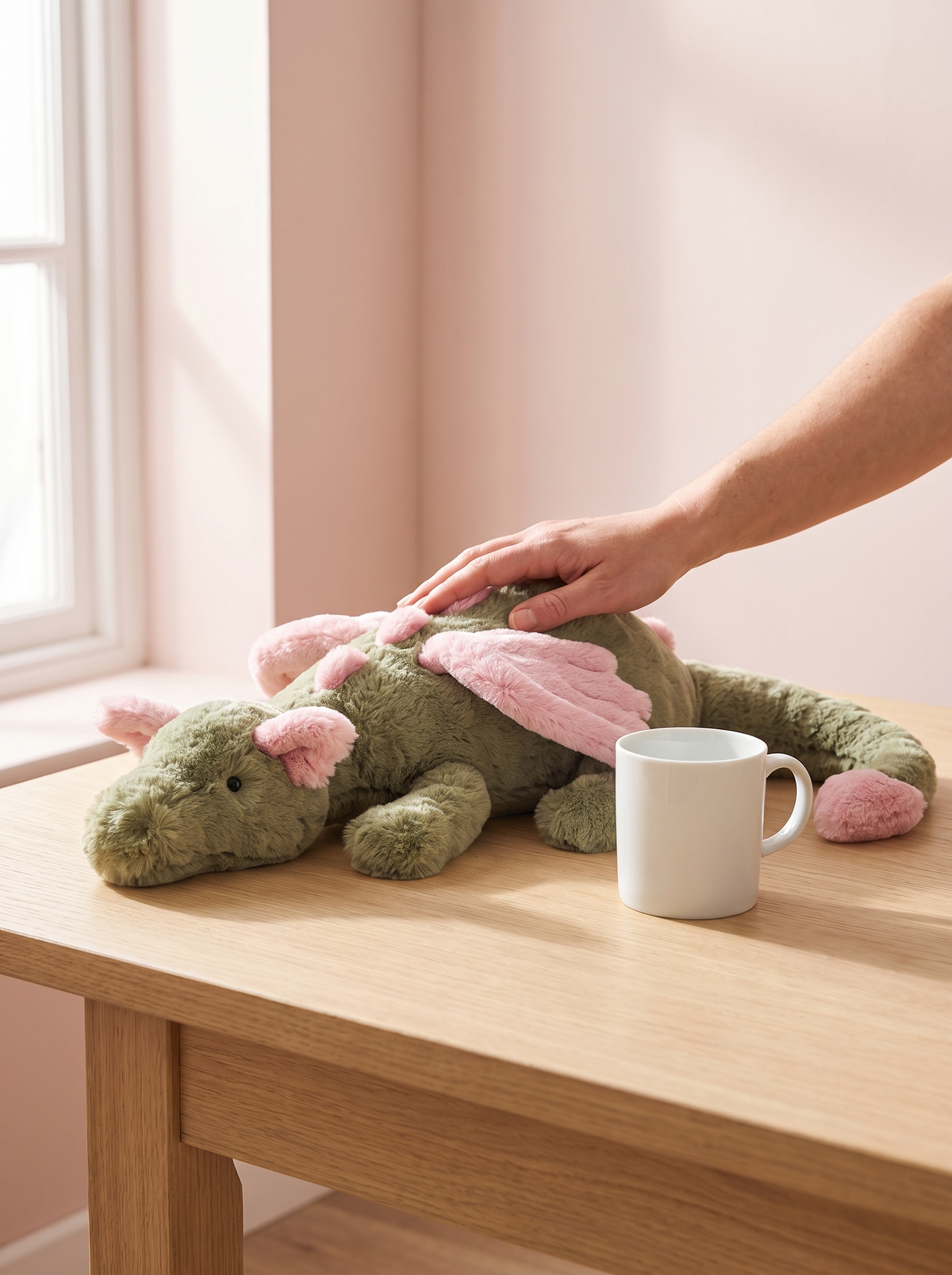 Green and Pink Dragon Plush Toy styled in a home setting