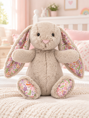 Floral Ear Bunny Plush Toy on a bed in a bright children's bedroom