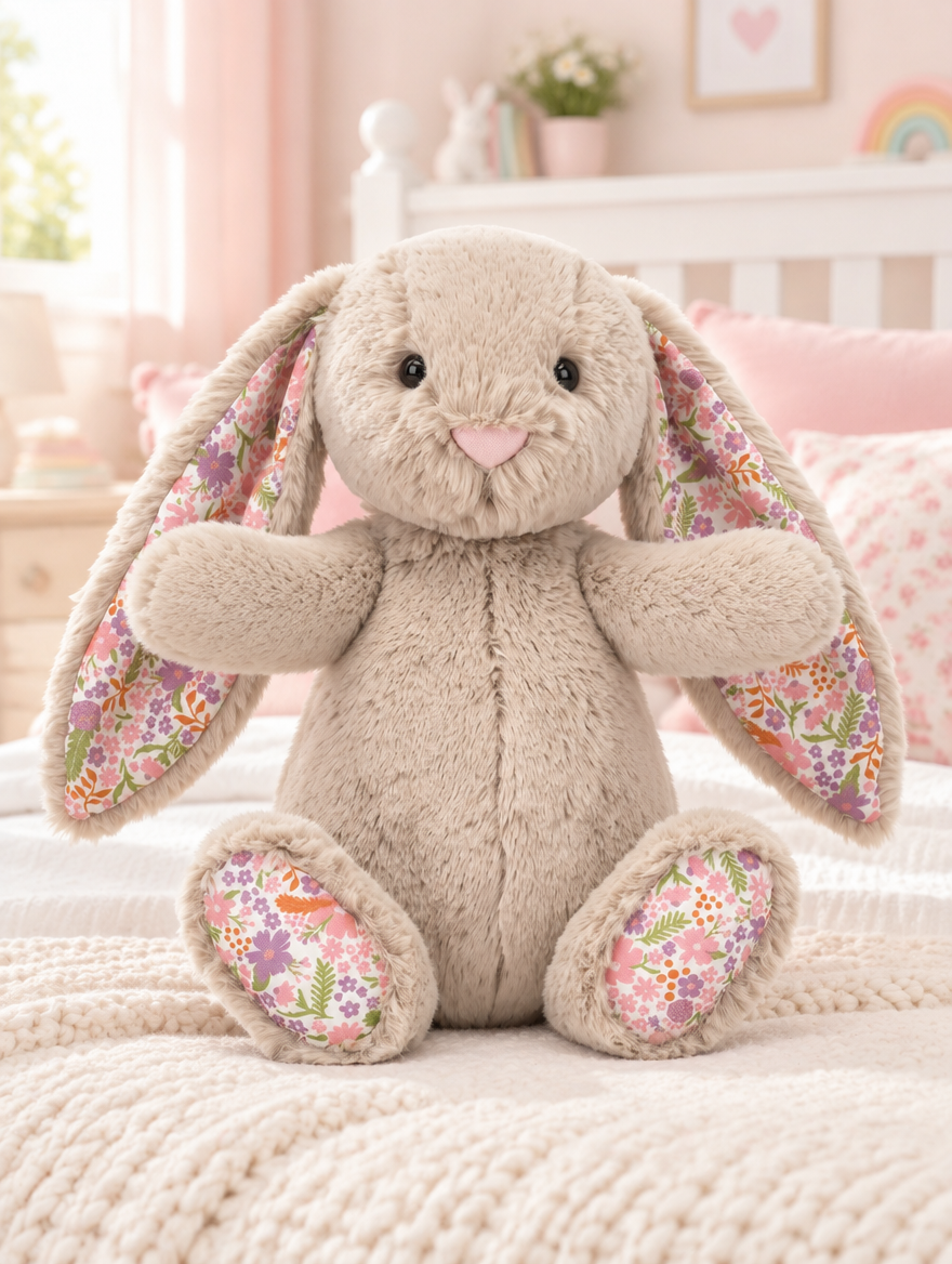 Floral Ear Bunny Plush Toy on a bed in a bright children's bedroom
