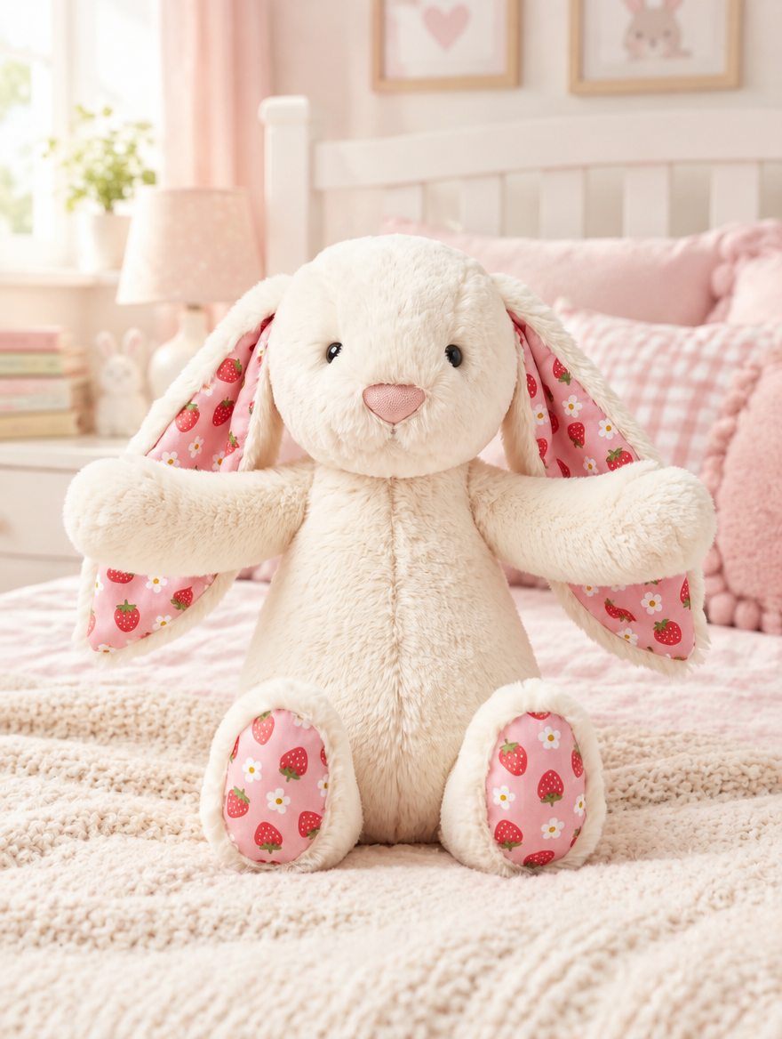 Strawberry Print Bunny Plush Toy on a bed in a bright children's bedroom
