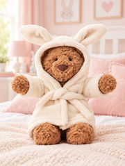 Bathrobe Teddy Bear Plush Toy on a bed in a bright children's bedroom