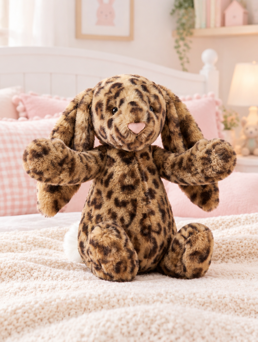 Leopard Print Bunny Plush Toy on a bed in a bright children's bedroom