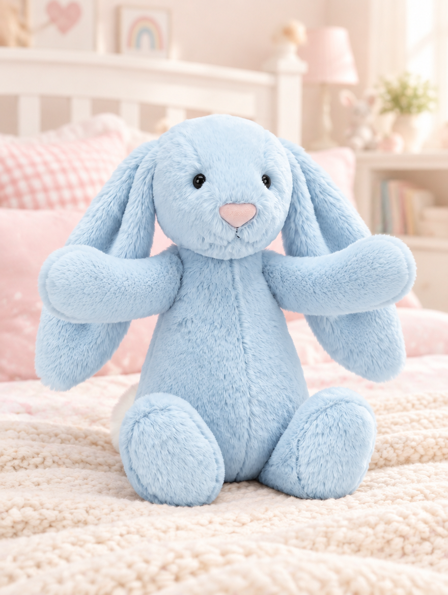 Pale Blue Bunny Plush Toy on a bed in a bright children's bedroom