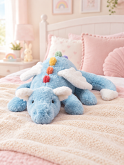 Blue Dragon Plush Toy on a bed in a bright children's bedroom